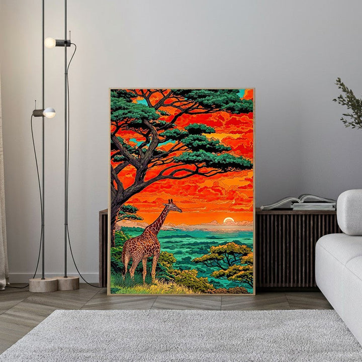 Wadi Home African Sunset Giraffe landscape wall art featuring a giraffe silhouetted against a vibrant orange and red sky.