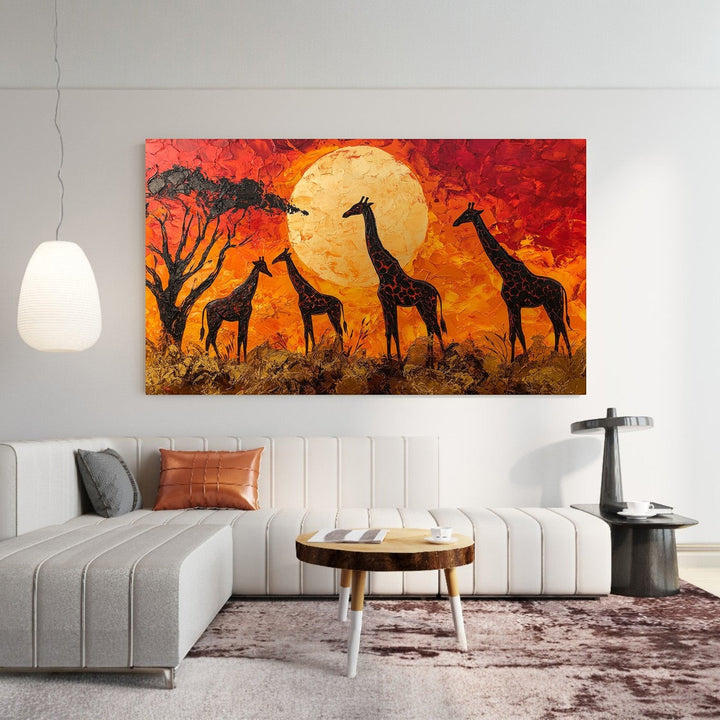 Wadi Home African Sunset Giraffe textured painting with vibrant reds, oranges, and yellows. Features giraffes silhouetted against a large sun.