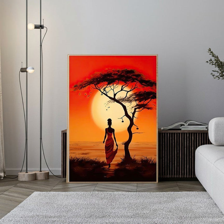 Wadi Home African Sunset landscape art print with a woman in a red dress walking under an acacia tree.