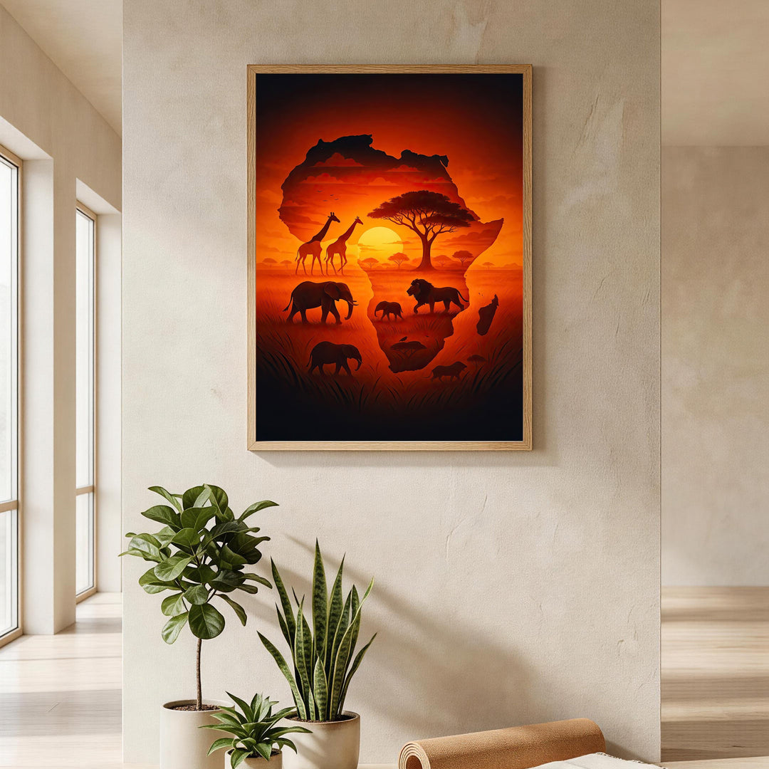 Wadi Home African continent silhouette wall art with elephants, giraffes, lions, and a sunset.