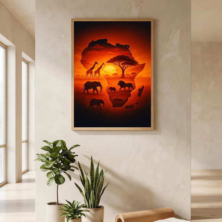 Wadi Home African continent silhouette wall art with elephants, giraffes, lions, and a sunset.