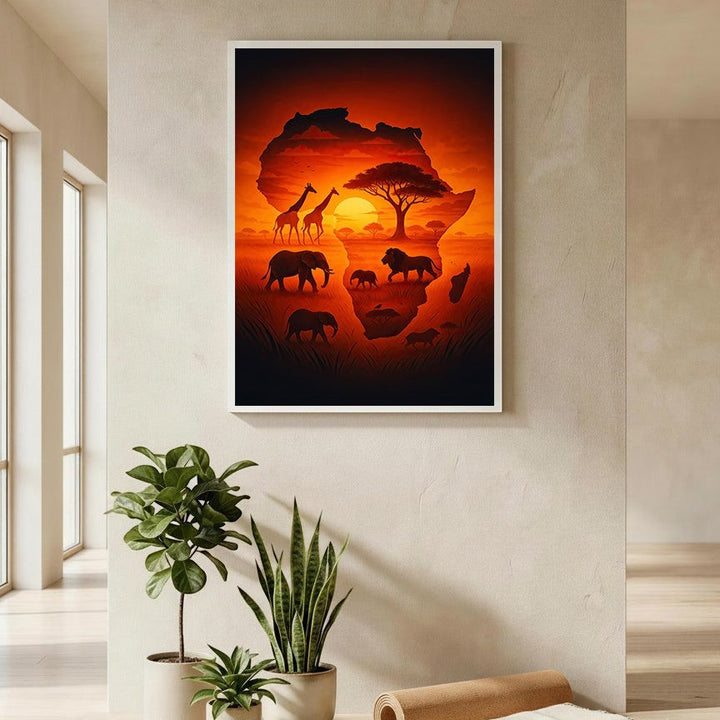 Wadi Home African continent shaped wall art with sunset scene, elephants, giraffes, lions, and acacia tree silhouettes.