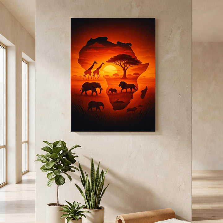 Wadi Home African continent wall art with sunset and wildlife silhouettes including elephants, giraffes, and lions.