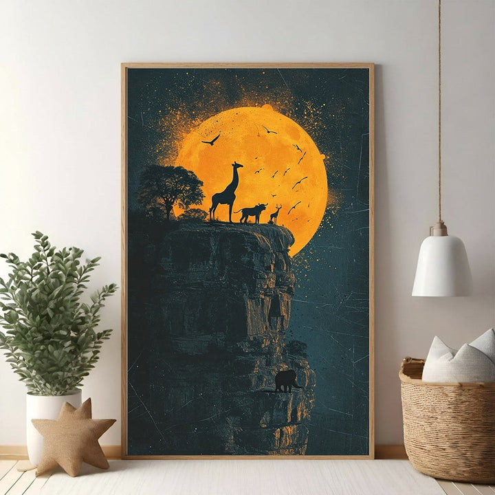 Wadi Home African Wildlife Sunset Silhouette Wall Art featuring giraffes, antelopes, and birds against a large orange moon.
