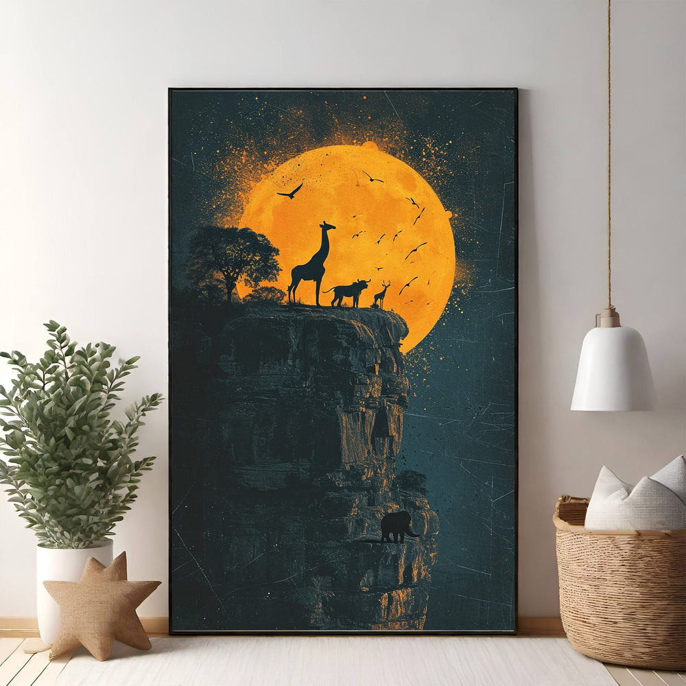 Wadi Home African Wildlife Sunset Silhouette Wall Art featuring giraffes, antelopes, and birds against a large orange moon.