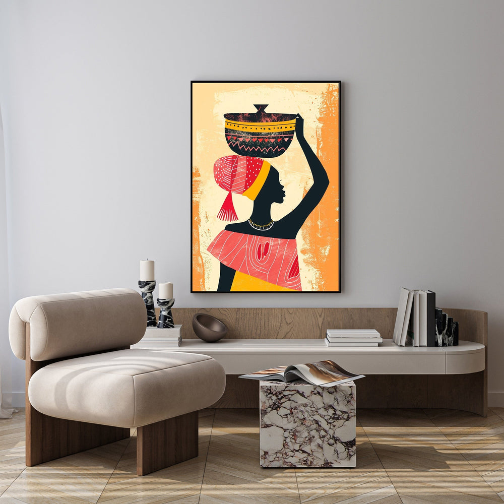 Wadi Home African woman carrying basket wall art with bold silhouette, vibrant colors, and textured background.