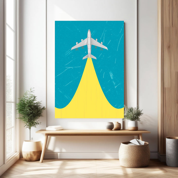 Wadi Home airplane ascending artwork with yellow contrail on blue textured background, framed with MDF and glass.
