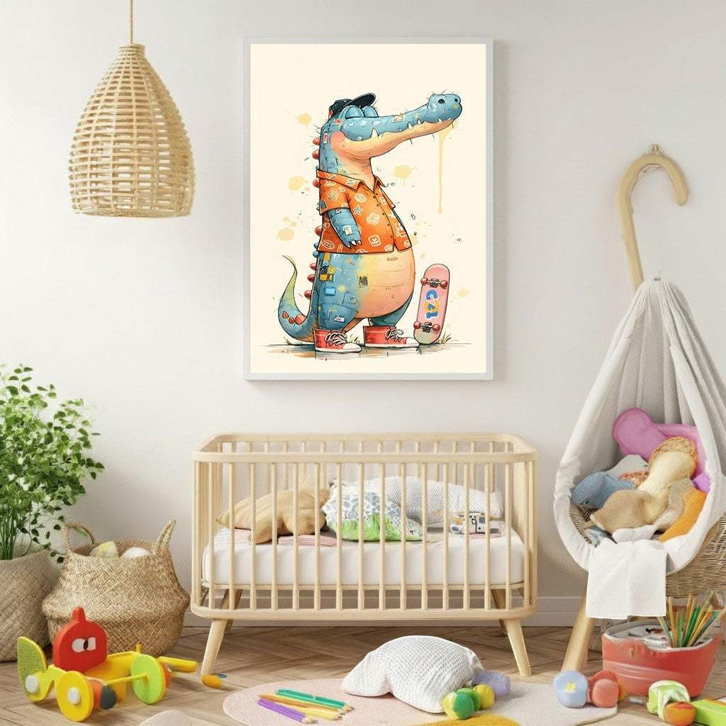 Wadi Home framed cartoon alligator with skateboard wall art. Blue alligator wears an orange shirt and a black cap.