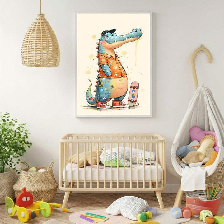 Wadi Home framed cartoon alligator with skateboard wall art. Blue alligator wears an orange shirt and a black cap.