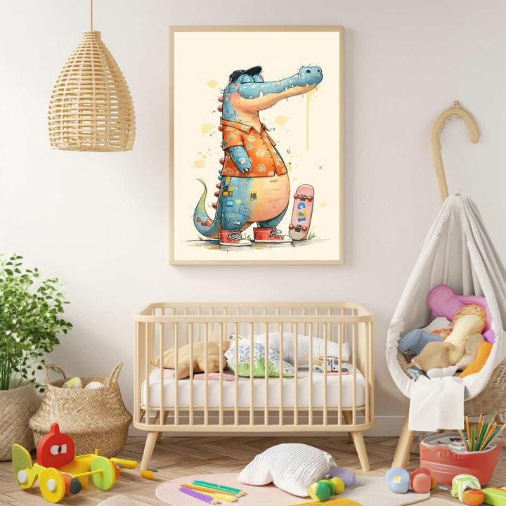 Wadi Home cartoon alligator with skateboard wall art, blue and orange, playful design for kids' rooms.