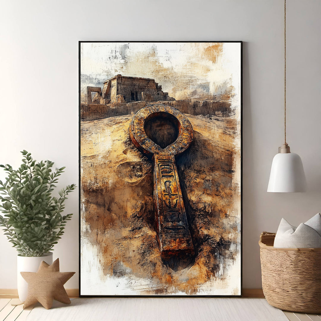 Wadi Home ancient Egyptian Ankh artifact with hieroglyphs, textured, earthy tones, displayed in a room setting.