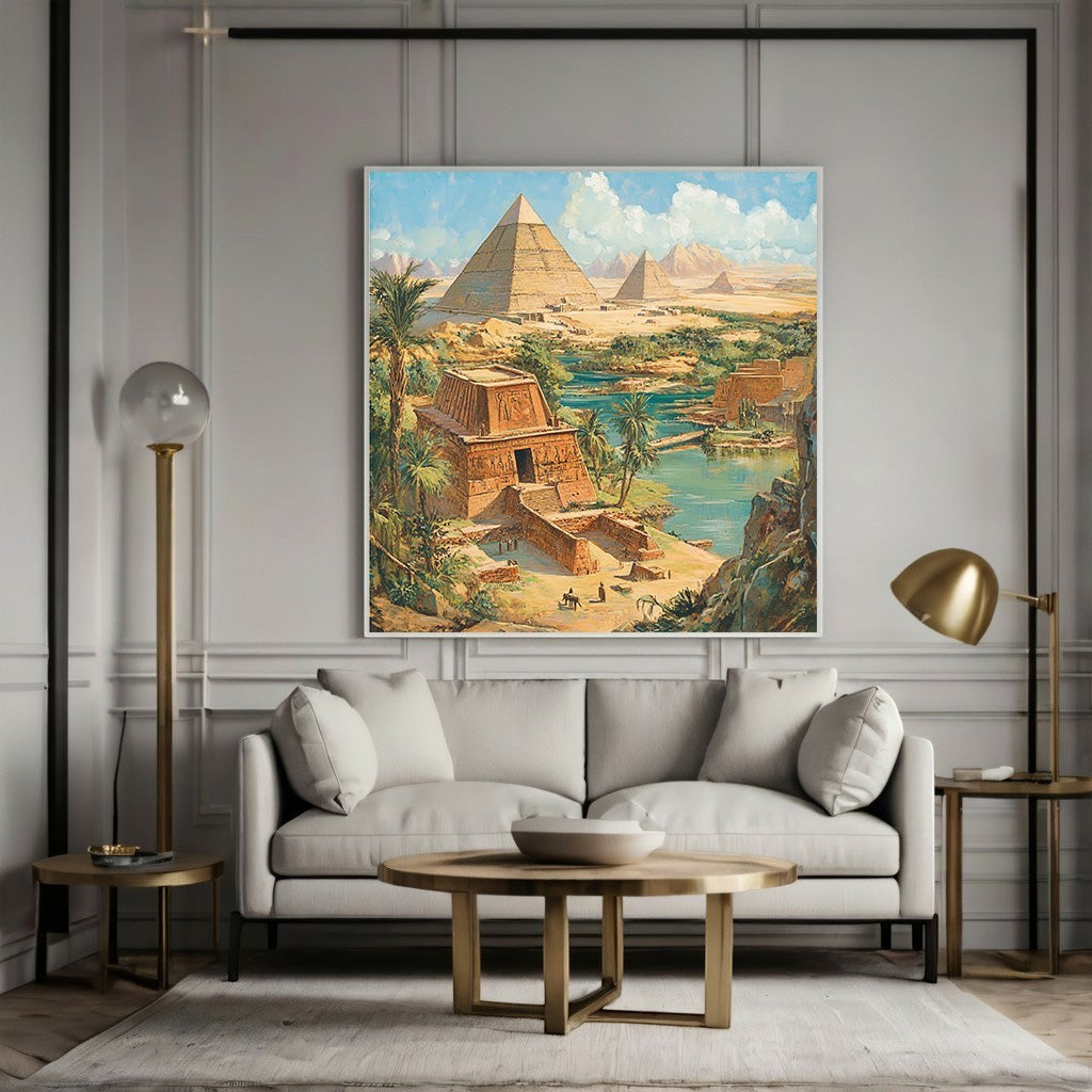 Wadi Home Ancient Egyptian landscape wall art print featuring pyramids and the Nile river above a modern living room sofa.