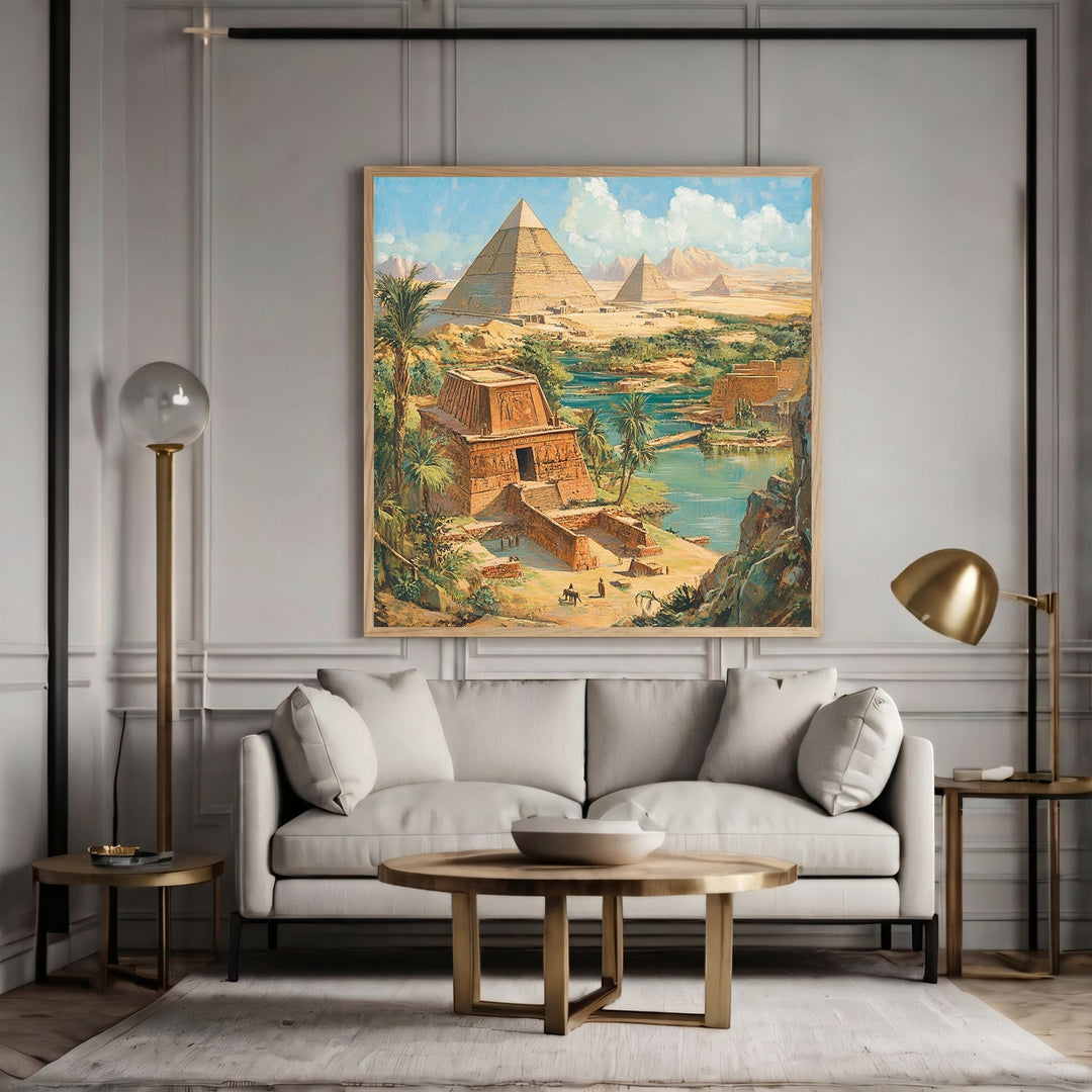 Wadi Home Ancient Egyptian landscape art print featuring pyramids and the Nile river displayed above a modern sofa.