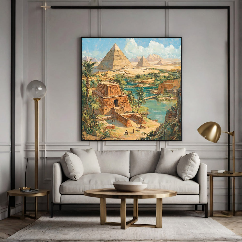 Wadi Home Ancient Egyptian landscape wall art print featuring pyramids and the Nile river above a modern grey sofa.