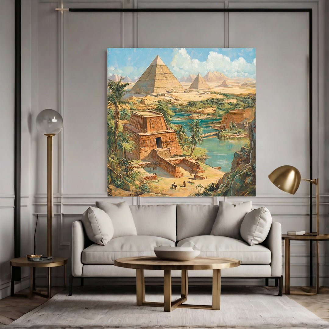 Wadi Home Ancient Egyptian landscape wall art print featuring pyramids and the Nile river displayed above a modern sofa.