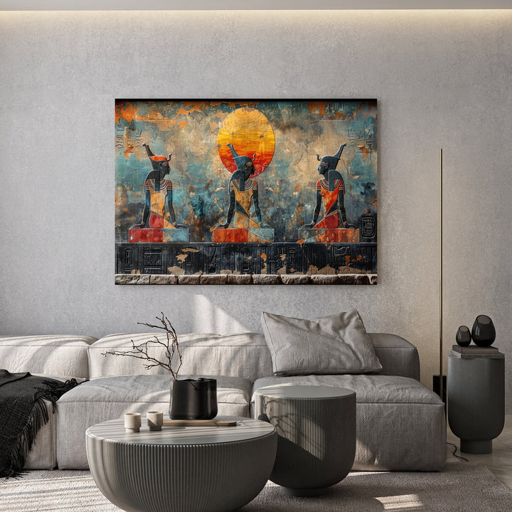 Wadi Home Ancient Egyptian wall art print featuring three regal figures in blue and orange above a modern grey sofa.