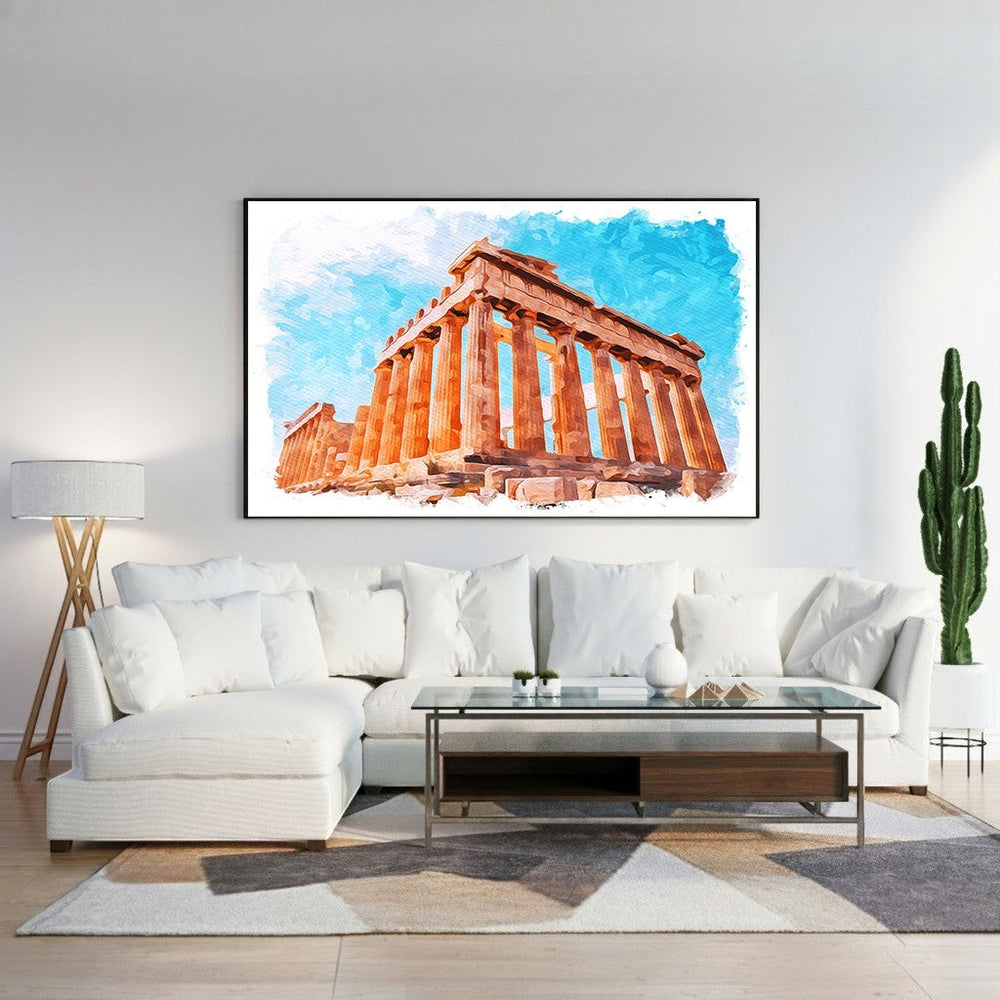 Wadi Home watercolor art of an ancient Greek temple with orange columns against a bright blue sky.