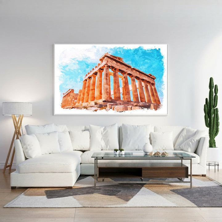 Wadi Home watercolor art of ancient Greek temple in warm sunlight, blue sky.