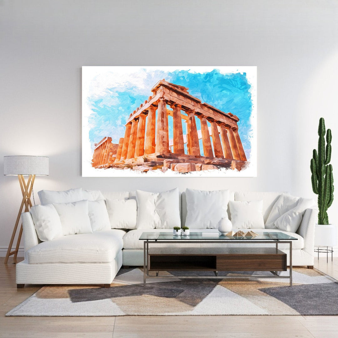Wadi Home watercolor art of an ancient Greek temple with orange columns under a bright blue sky.