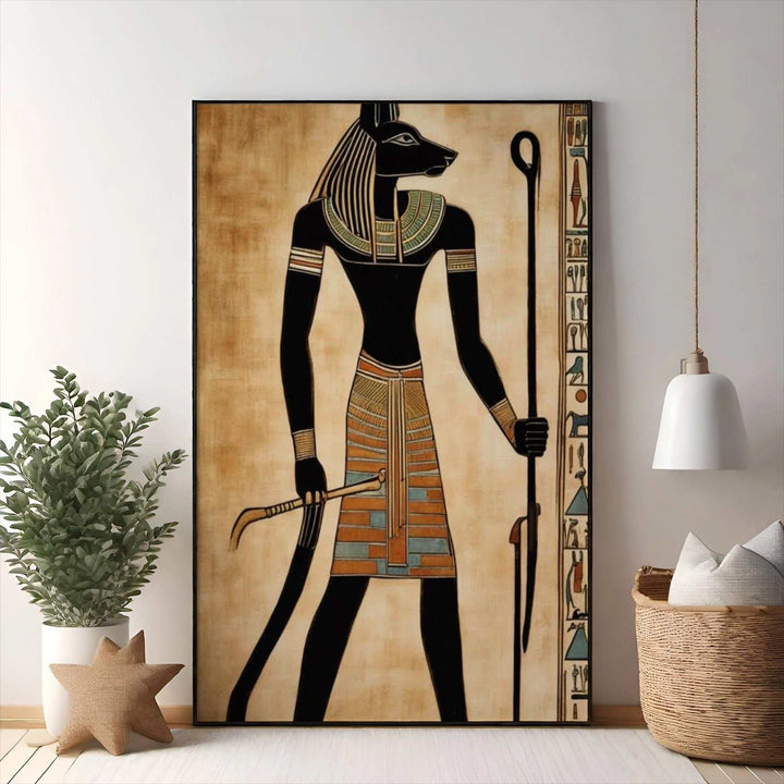 Wadi Home Anubis hieroglyphic wall art with jackal god profile, earthy tones, and intricate details.