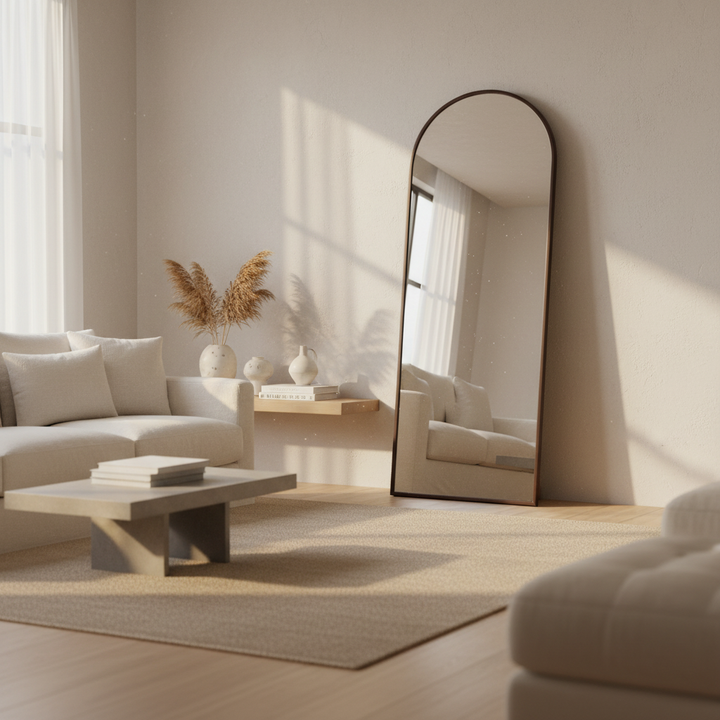 Wadi Home arched floor standing full length mirror with a dark wood frame leaning in a sunlit modern living room.
