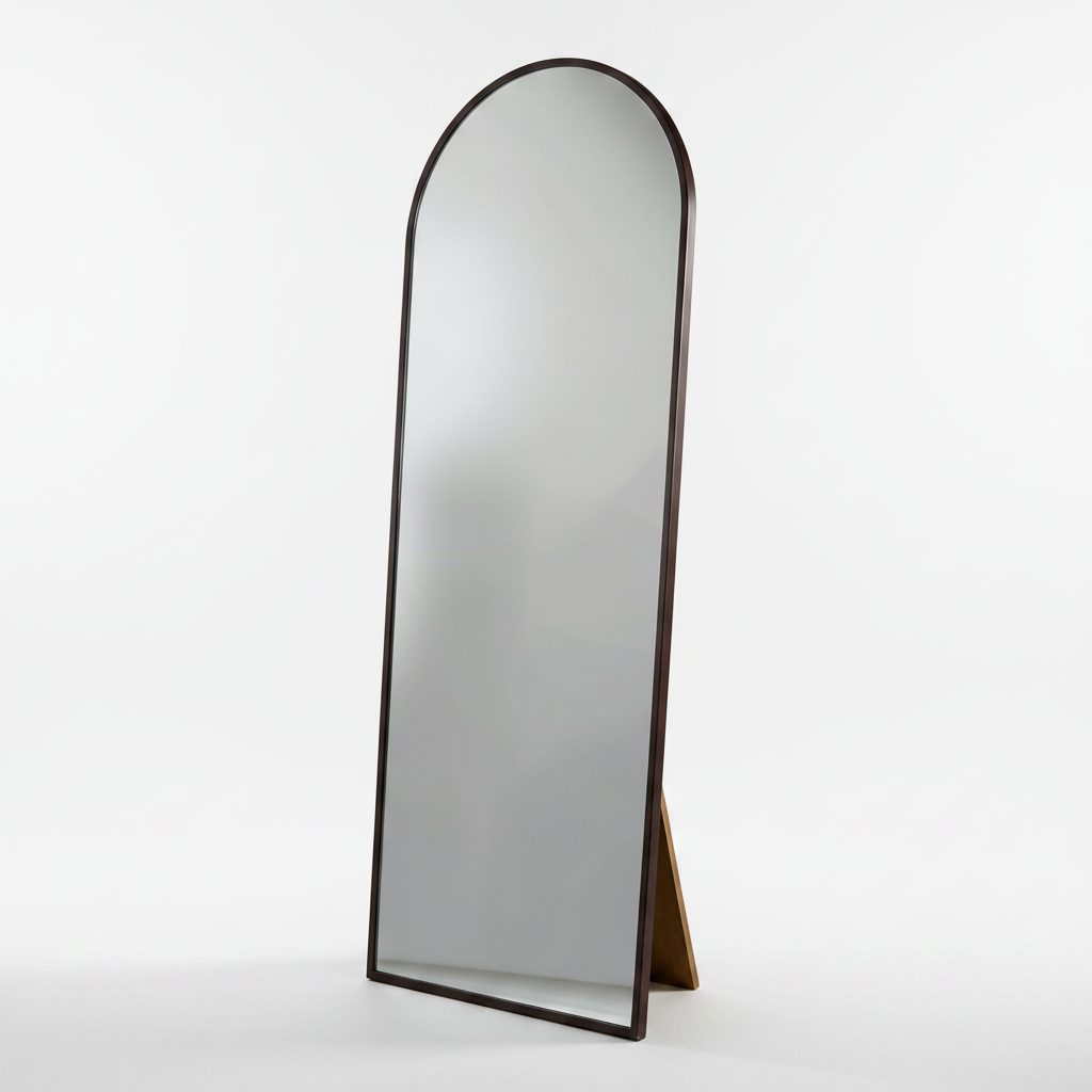 Wadi Home arched floor standing full length mirror with a dark wood frame and integrated support stand