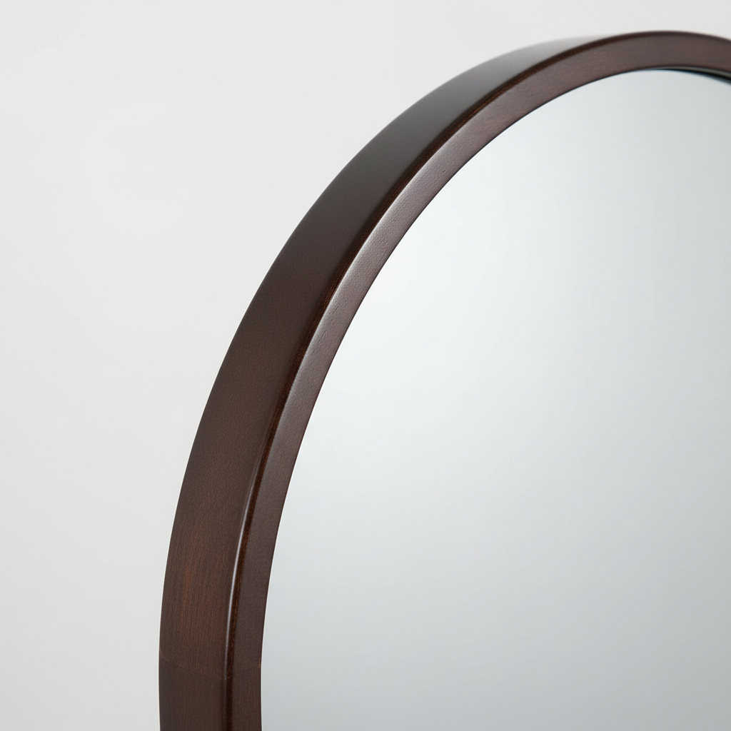 Wadi Home arched floor mirror featuring a smooth dark wood frame and a rounded top design for elegant home decor.