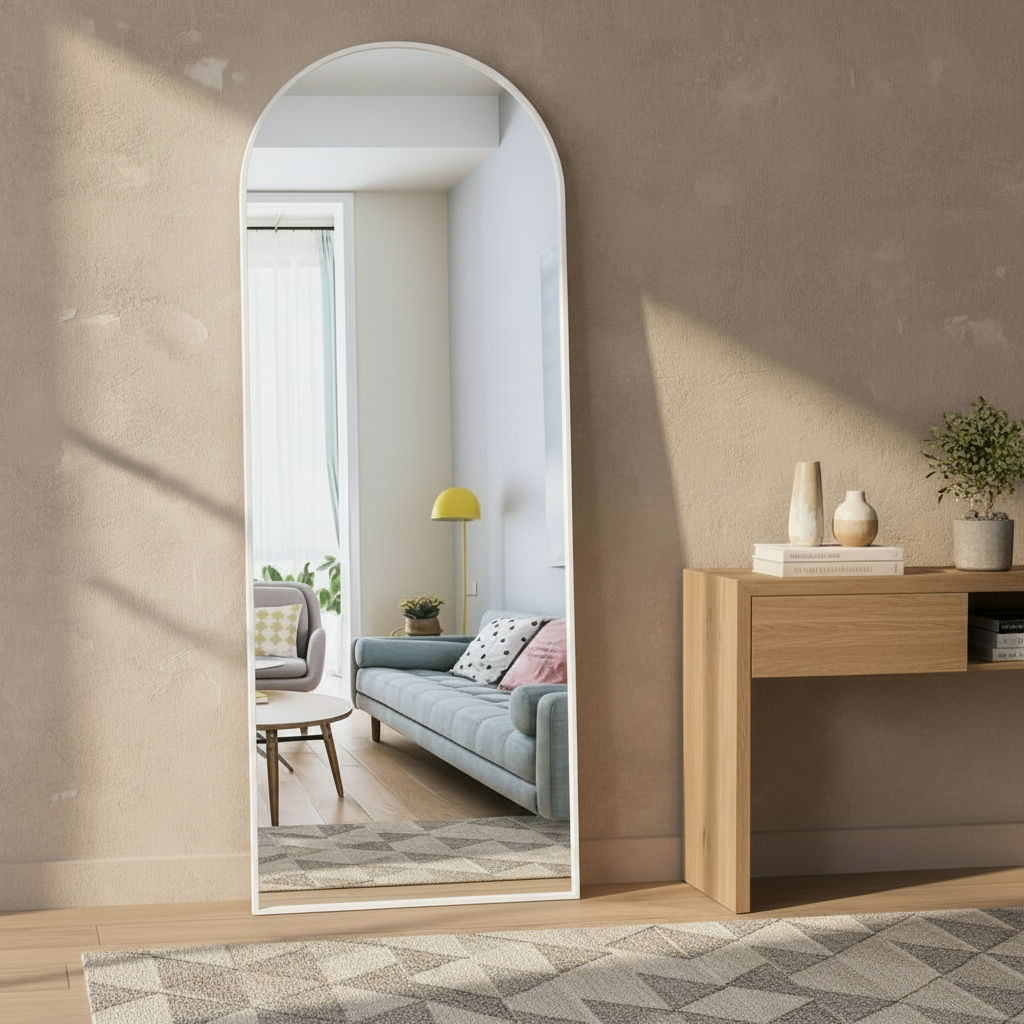 Wadi Home full length arched floor mirror with a minimalist white frame leaning against a textured beige wall