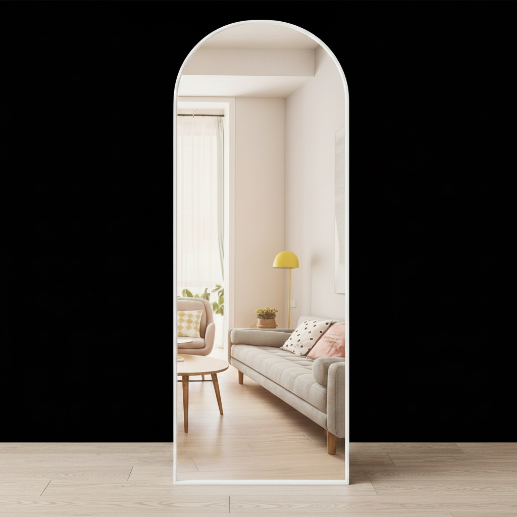 Wadi Home full length arched floor mirror with a sleek white frame standing in a modern living room interior.