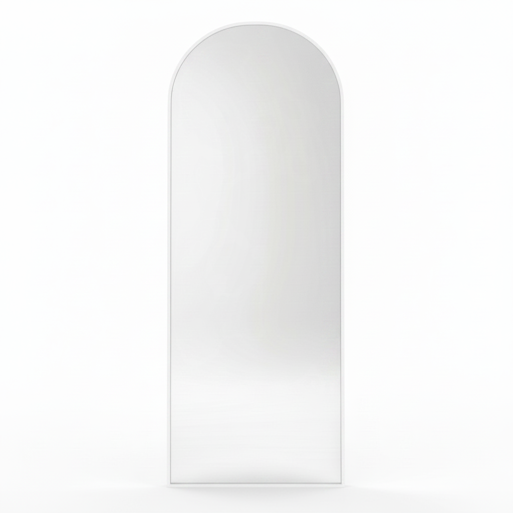 Wadi Home full length arched floor mirror with a sleek minimalist white frame standing against a plain white background