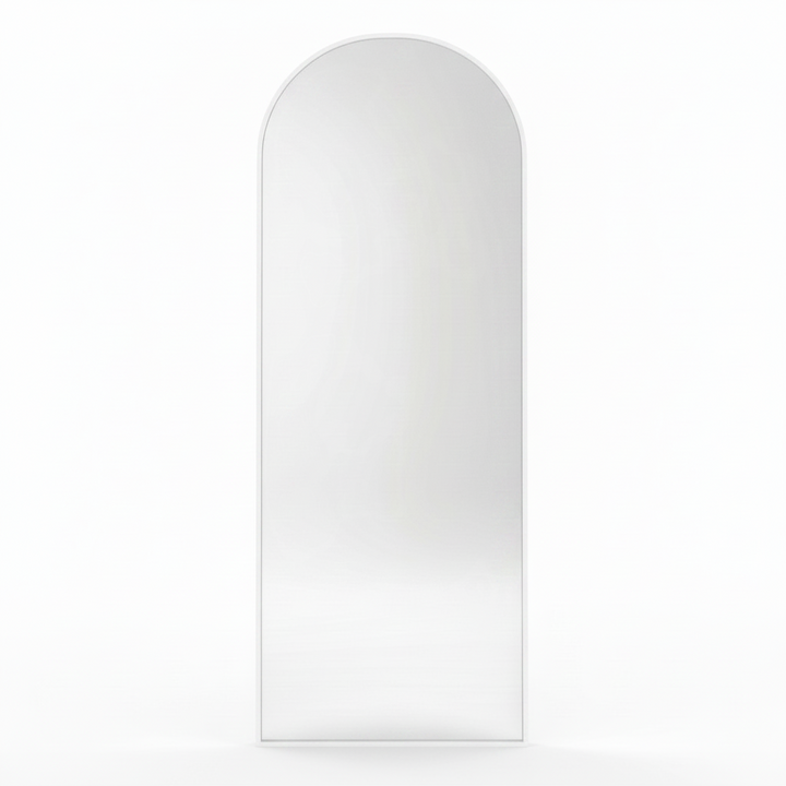 Wadi Home full length arched floor mirror with a sleek minimalist white frame standing against a plain white background