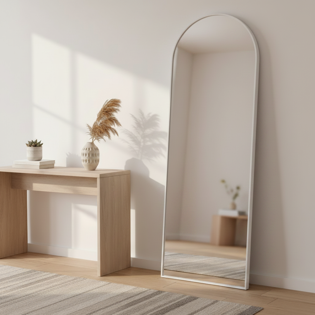 Wadi Home arched floor mirror with a minimalist white frame leaning against a neutral wall in a bright living room.