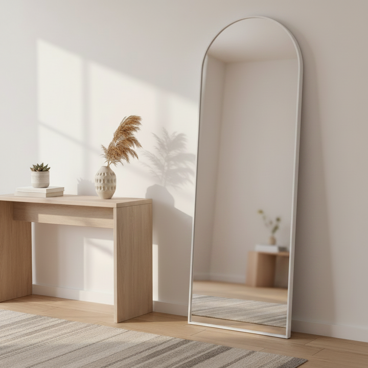 Wadi Home arched floor mirror with a minimalist white frame leaning against a neutral wall in a bright living room.