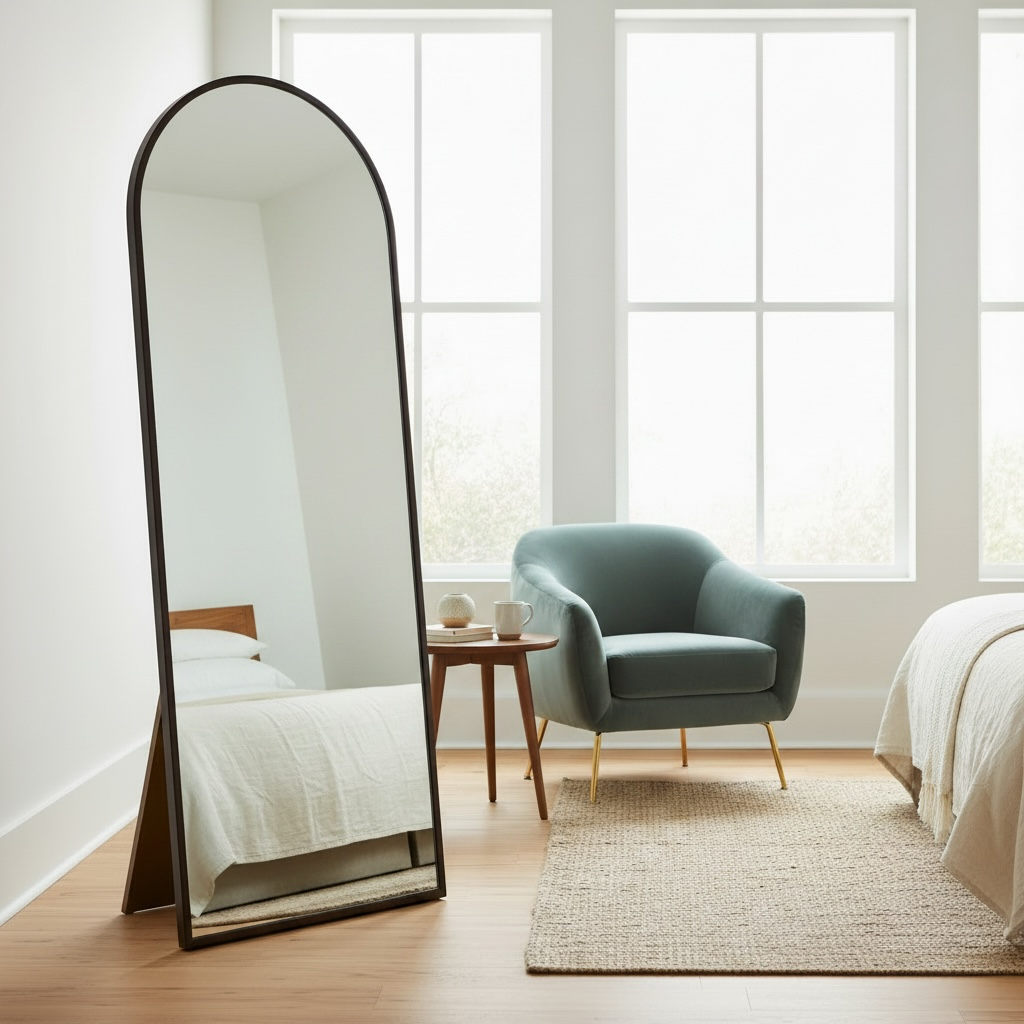 Wadi Home arched floor mirror with a dark wood frame standing in a bright bedroom next to a teal armchair.