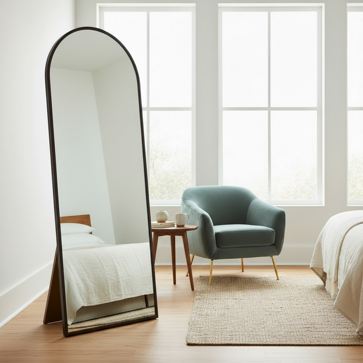 Wadi Home arched floor mirror with a dark wood frame standing in a bright bedroom next to a teal armchair.
