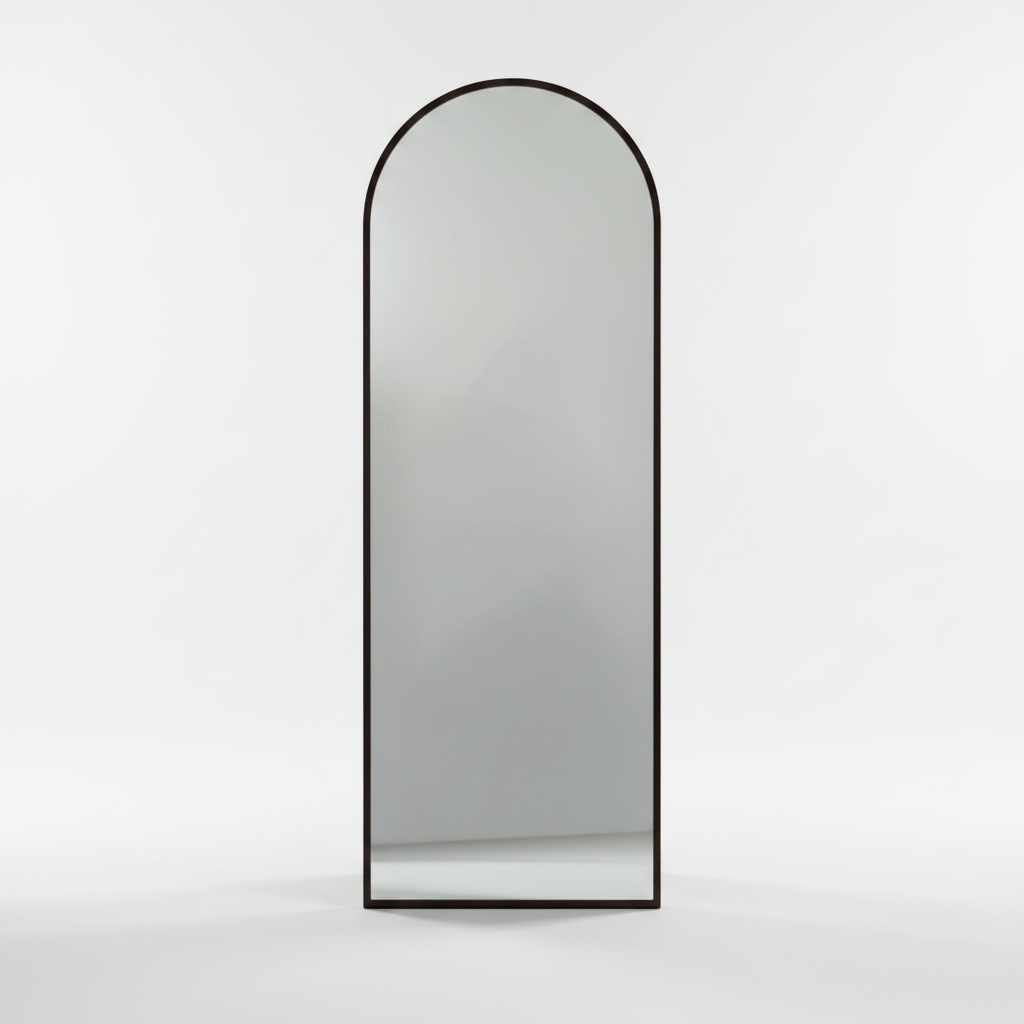 Wadi Home arched full length floor mirror with a dark wood frame standing against a plain white background