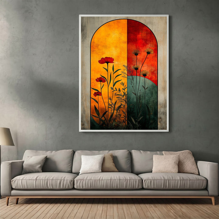Wadi Home arched floral botanical wall art print with sunset orange, crimson, and teal tones above a modern sofa.