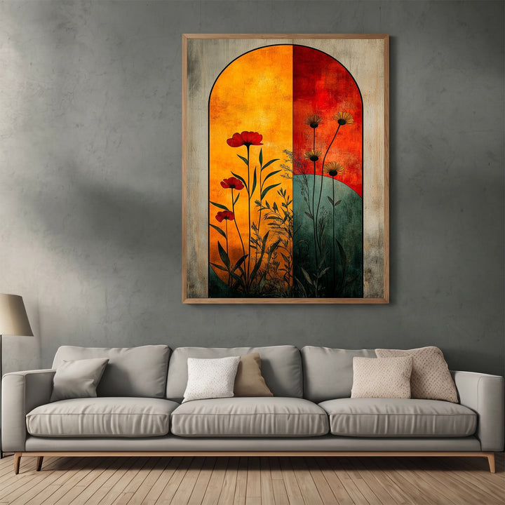 Wadi Home arched floral botanical wall art print with sunset orange, crimson, and teal tones above a modern sofa.