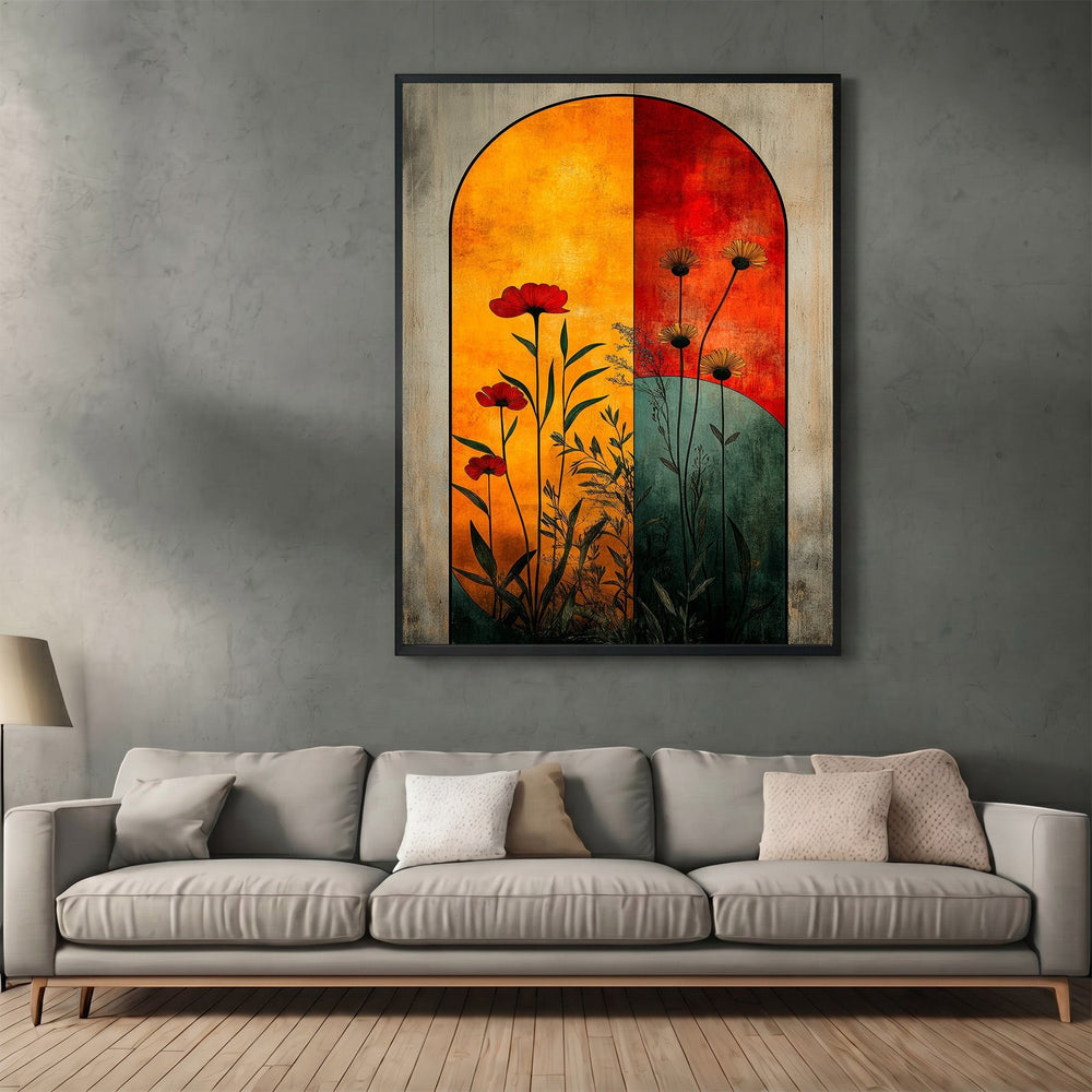 Wadi Home arched botanical wall art print featuring sunset orange, crimson, and teal floral designs above a sofa.