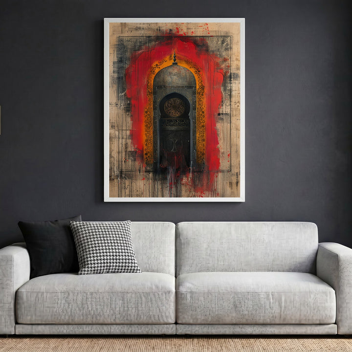 Wadi Home traditional architectural arch wall art print with red accents and distressed textures above a modern sofa.
