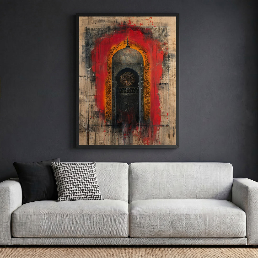Wadi Home traditional architectural arch wall art print with red accents and distressed textures above a modern sofa.