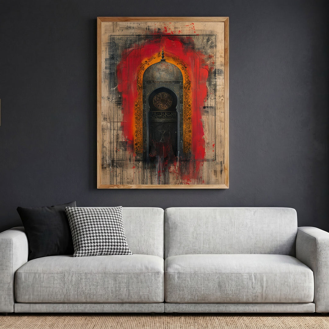 Wadi Home traditional architectural arch wall art print with vibrant red accents and distressed textures above a sofa.