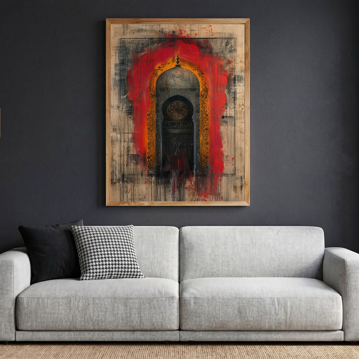 Wadi Home traditional architectural arch wall art print with vibrant red accents and distressed textures above a sofa.