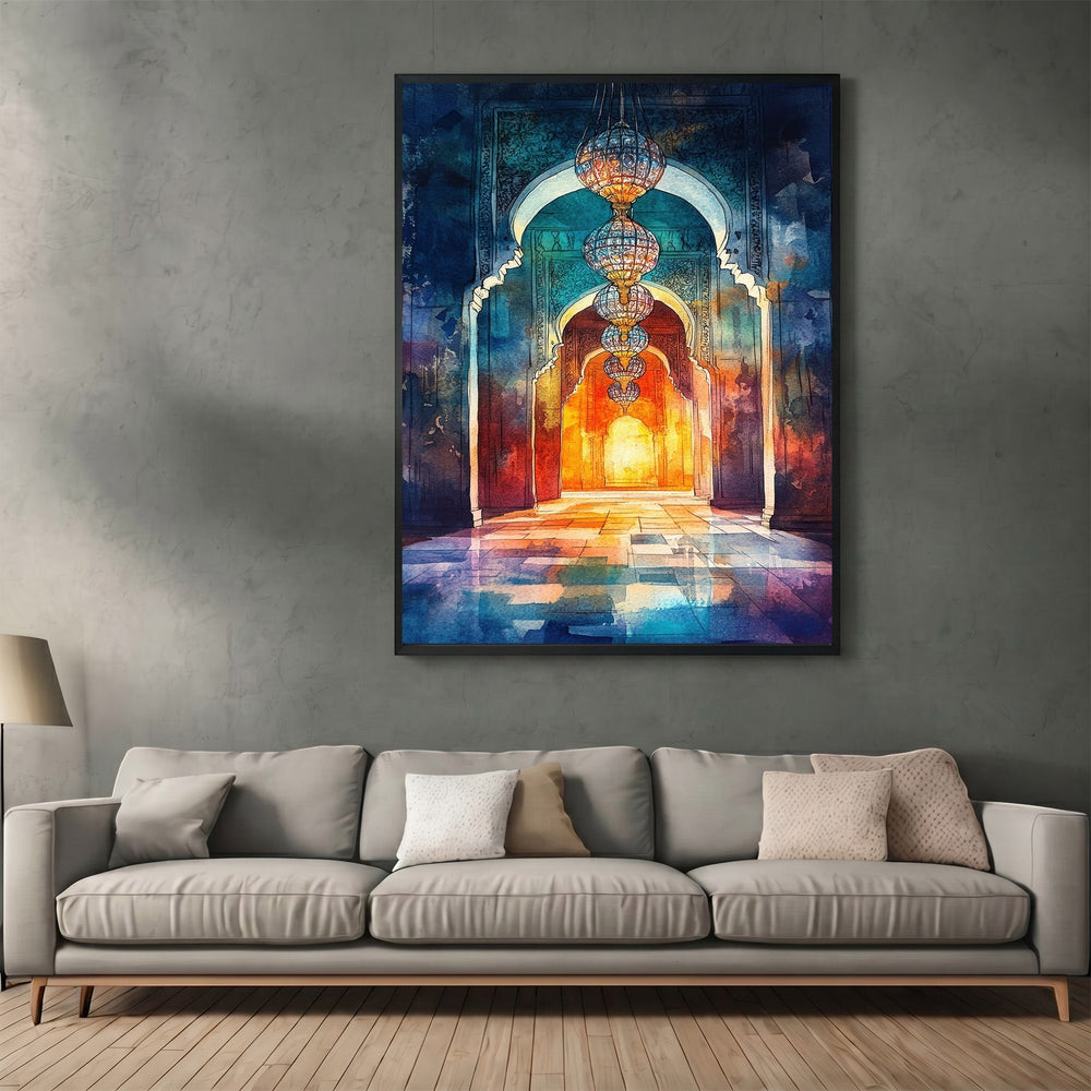 Wadi Home traditional architectural archway wall art print with glowing lanterns above a modern grey sofa