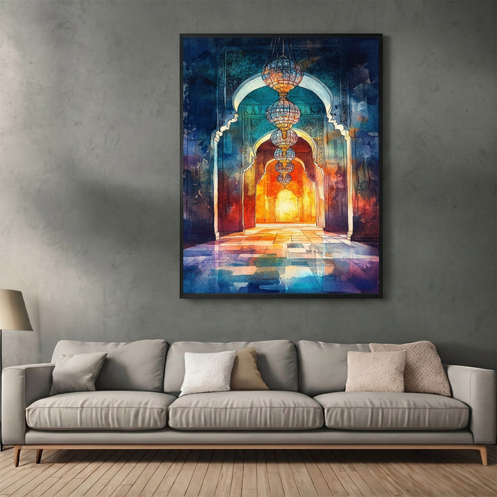 Wadi Home traditional architectural archway wall art print with glowing lanterns above a modern grey sofa