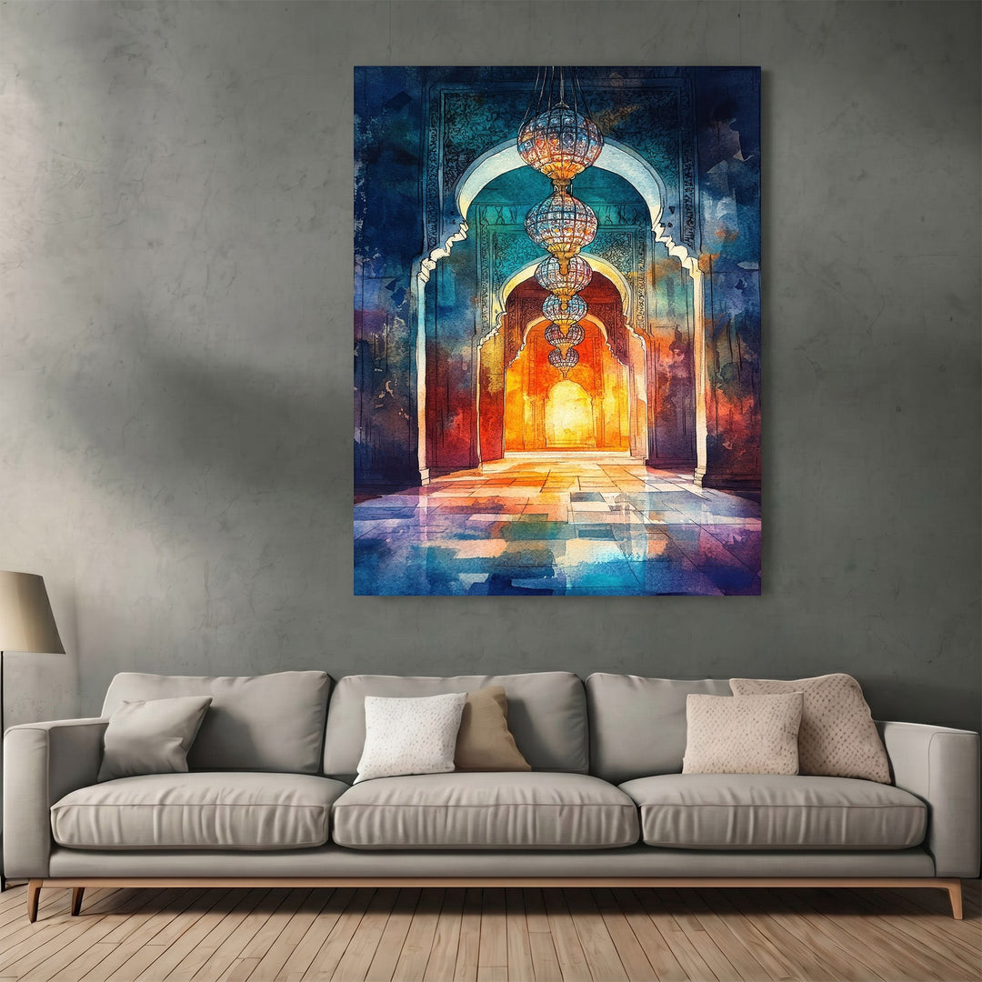 Wadi Home traditional architectural archway wall art print with glowing lanterns in blue and orange watercolor style.