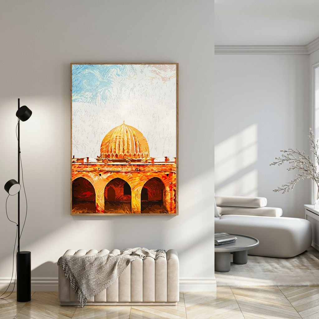 Wadi Home architectural dome artwork with warm earthy tones and textured brushstrokes, depicting a domed structure with arches.