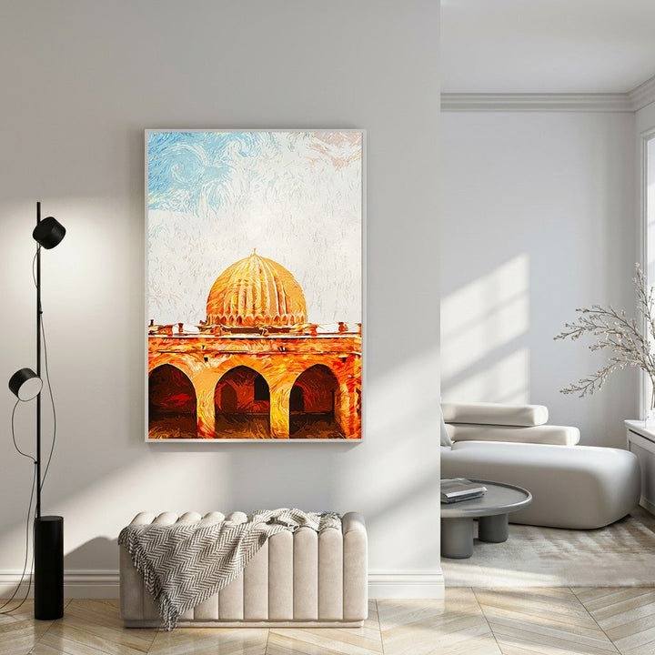 Wadi Home architectural artwork of a golden dome structure with arched openings, rendered in warm earthy tones with textured brushstrokes.