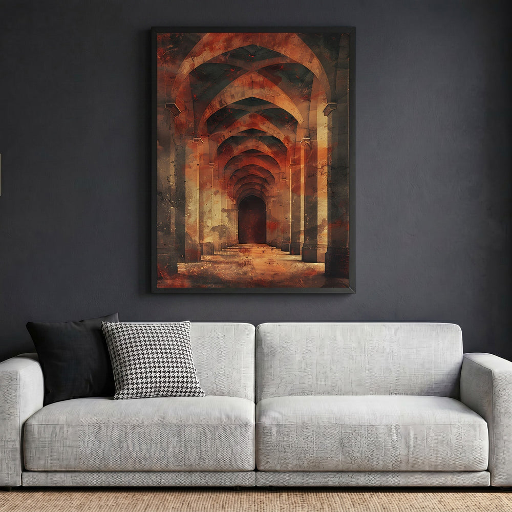 Wadi Home framed wall art print featuring a perspective-rich architectural hallway in burnt orange and charcoal tones.