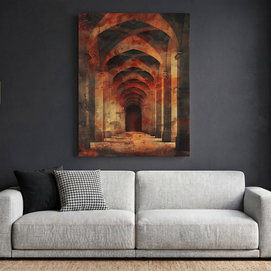 Wadi Home framed wall art featuring a perspective-rich architectural hallway in burnt orange and charcoal tones.